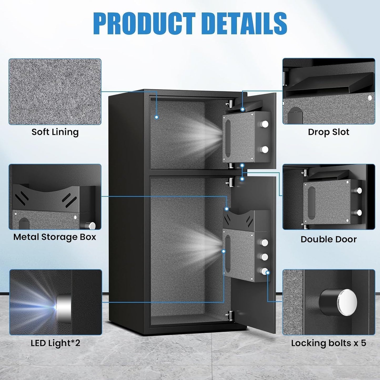 kavey 6.5 Cu ft Large Safe Box Fireproof Waterproof,with LED Light fire proof safe for home documents,Fingerprint password personal Safe with Deposit Slot & Dual Alarm System，Security Box fo Valuables