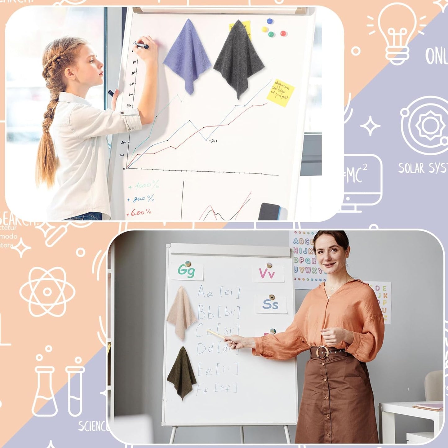 6 Pack Magnetic Whiteboard Cleaning Cloth Extra Strong Magnetism 10'' X 10'' Colorful Microfiber Dry Erase Cloth Reusable Washable Whiteboard Eraser for Classroom, Home and Office Use(Dark Color)