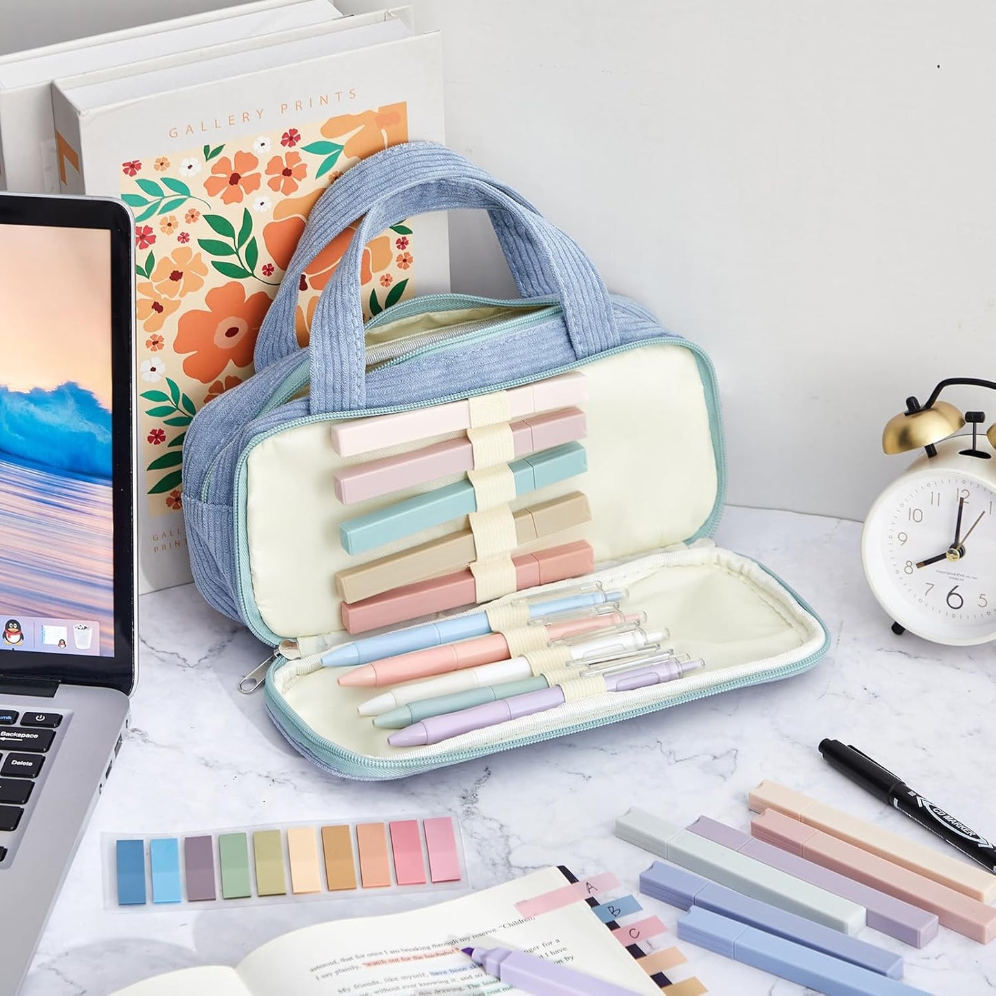 Jutom 39 Pcs Aesthetic Book Annotation Kit Highlighter with Pencil Case Bag Gel Pen Transparent Sticky Note Taking Bible Study College School Supplies(Dusty Blue,Classic Style)