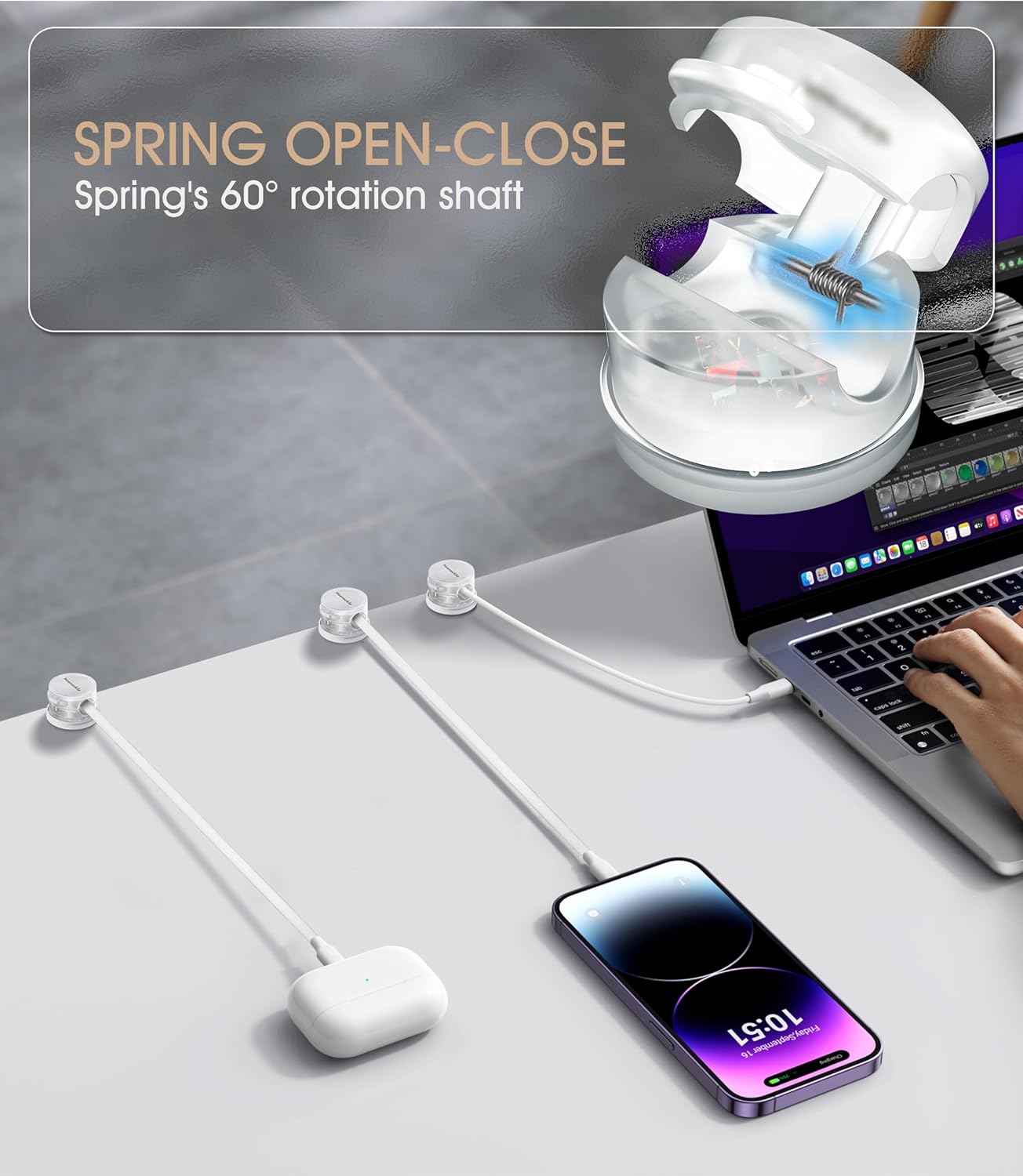 9 Pack Spring Cord Organizer Cable Clips [Locking Cable Rotatable], 2025 Latest Nearockle Phone Charging Cord Holder Cable Management for Car, Nightstand, Office Desk Accessories (Clear)