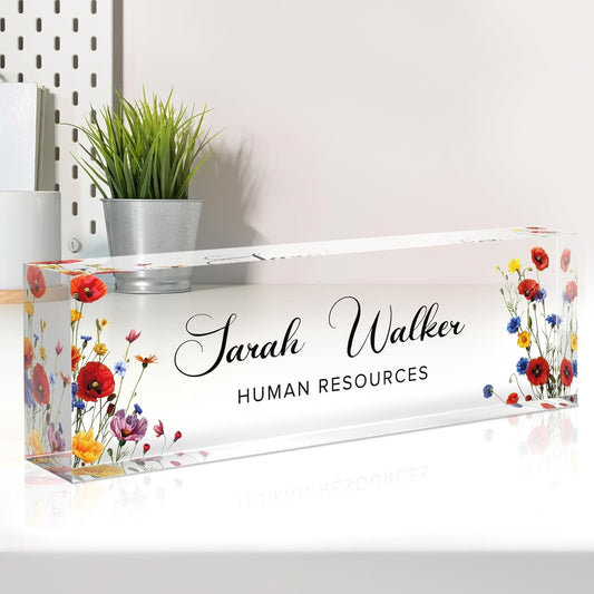 Name Plate for Desk, Desk Name Plate Personalized, Flowers Office Decor for Women Men, Acrylic Desktop Accessories, Office Gifts for Boss Nurse Teacher Coworker, Employee Appreciation Gift (Pink/Blue)