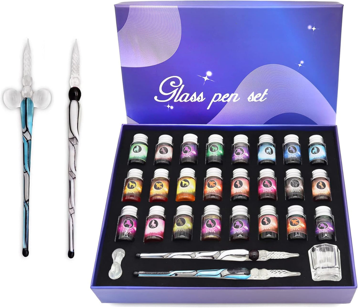 Glass Dipped Pen Ink Set Handmade Crystal Calligraphy Pen with 24Colorful India Ink for Art, Signatures, Drawing, Decoration, Caligraphy Kits for Beginners