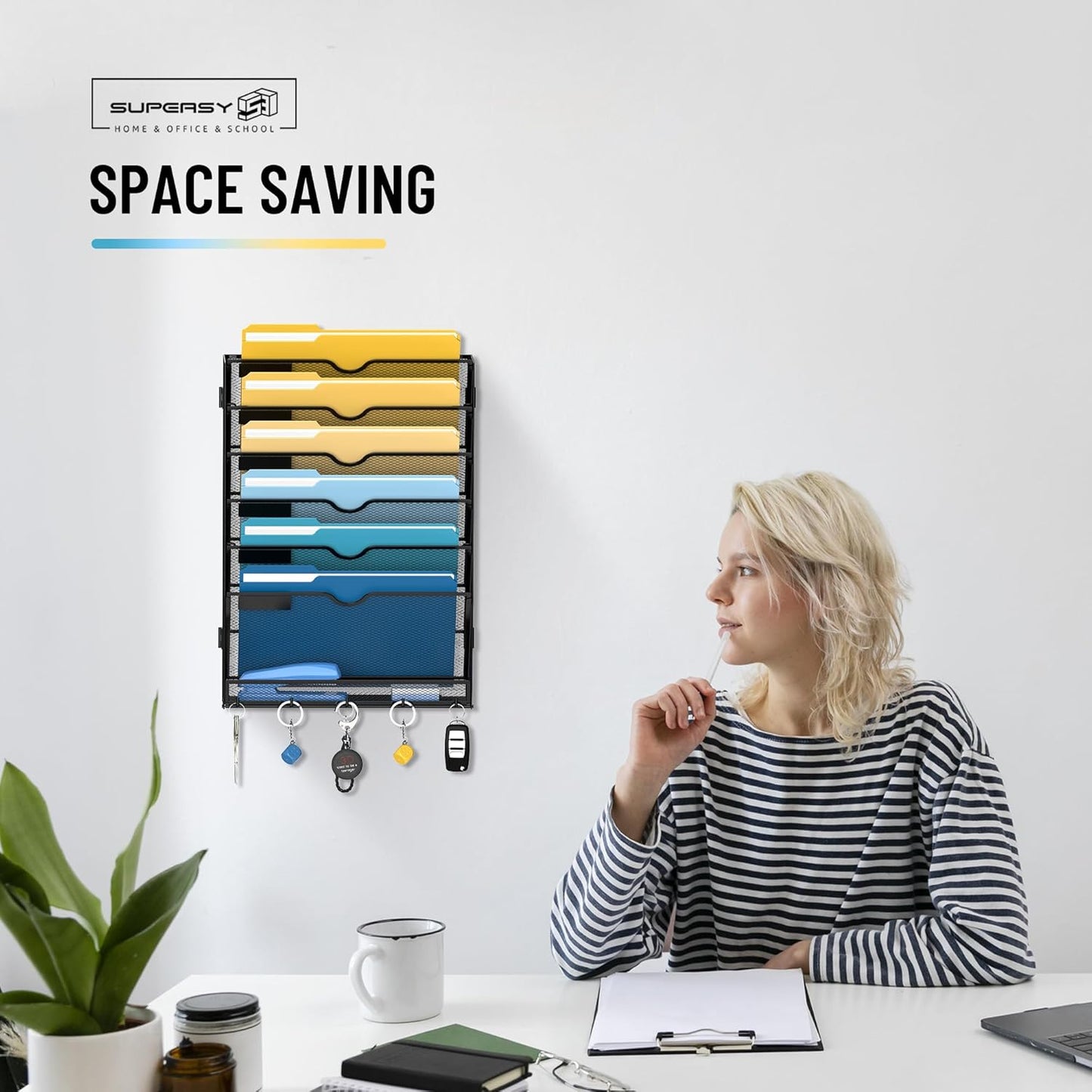 SUPEASY 7-Tier Wall File Holder Organizer with Hooks, Mesh Hanging File Organizer, Mail Organizer Wall Mounted for Papers, Folders, Office Magazine Rack, Assembly Needed, Black