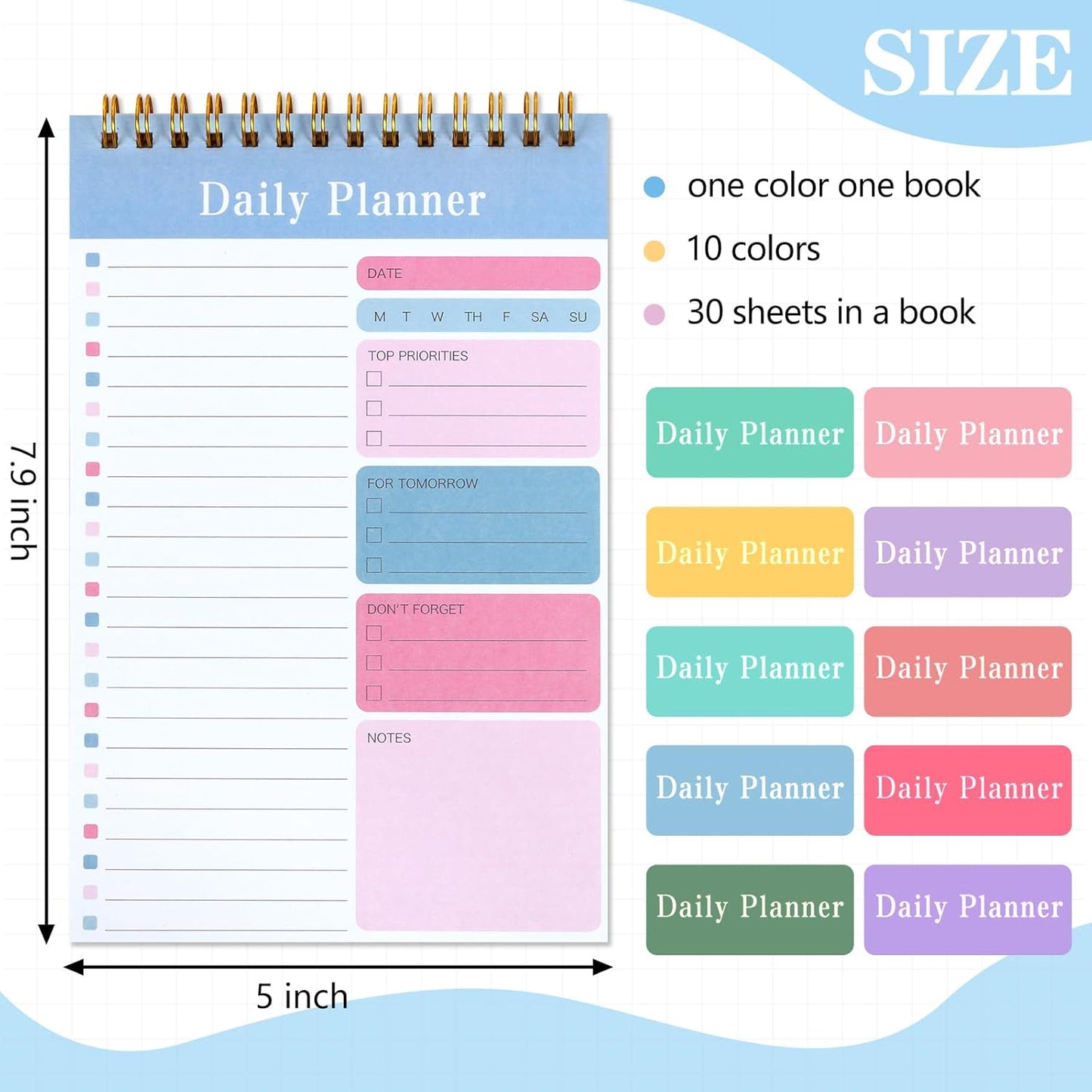LABUK 10 Pack Daily To Do List Notebook 5" x 8" Daily Planner 30 Sheets Spiral to Do List Notebook for Classroom Office Plan Work Schedule Checklist