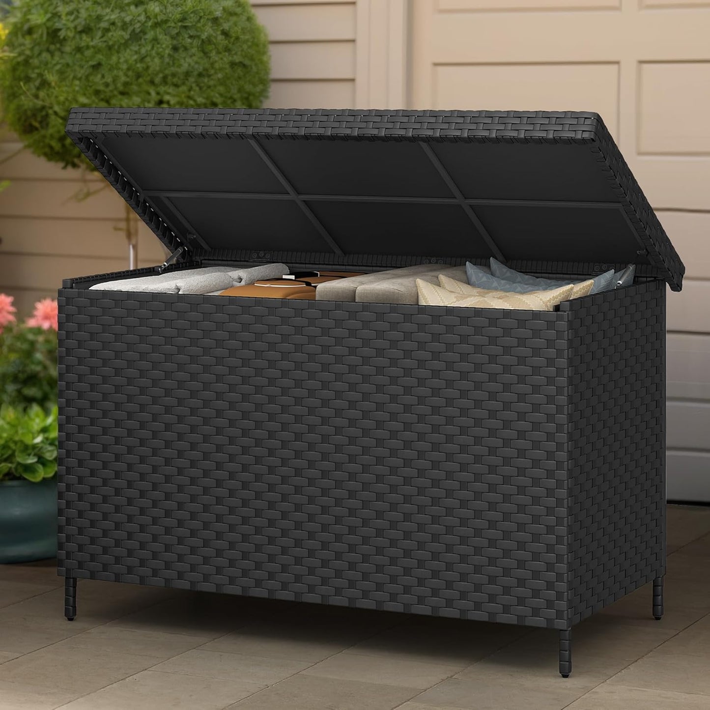 YITAHOME 230 Gallon Wicker Deck Box, XXL All-Weather Outdoor Storage Box, Rattan Storage Bin for Patio Furniture, Outdoor Cushions, Pool Storage and Garden Tools - Black