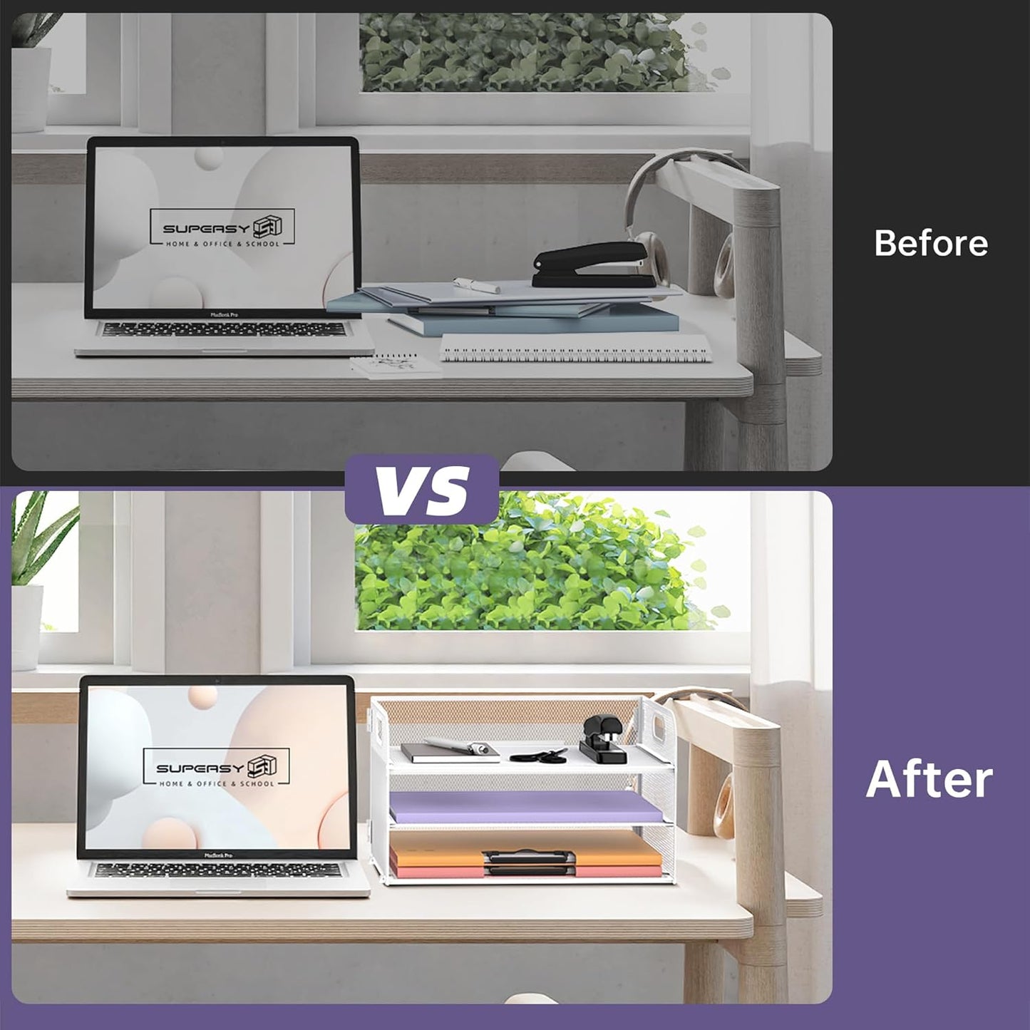 Supeasy 3 Tier Paper Organizer with Handle, Mesh Desk Organizer Letter Tray, Paper Tray File Organizer for A4 File Folder, White