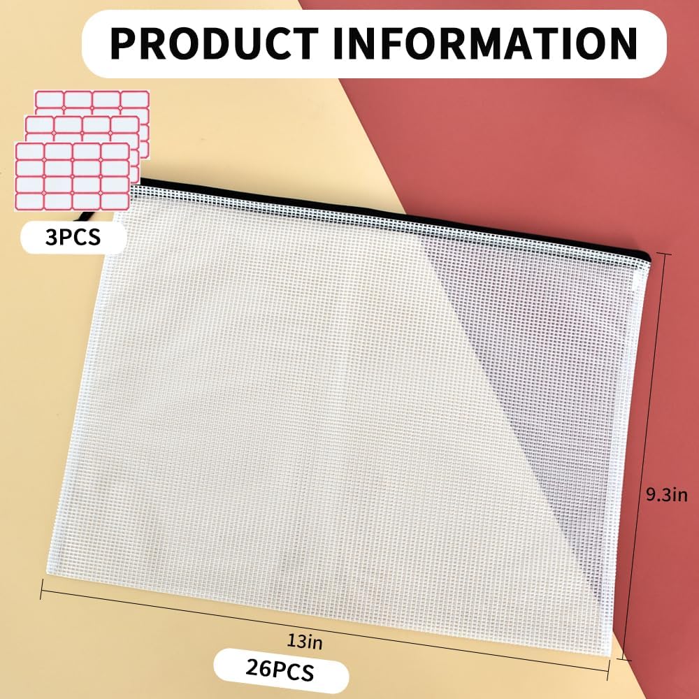Vuzvuv 26pcs A4 Size 13"x 9.3" Mesh Zipper Pouch Zipper Bags,Document File Folders with Label Sticker,Waterproof Plastic Mesh Bag for File, Makeup, Board Game School Office Home Travel Storage