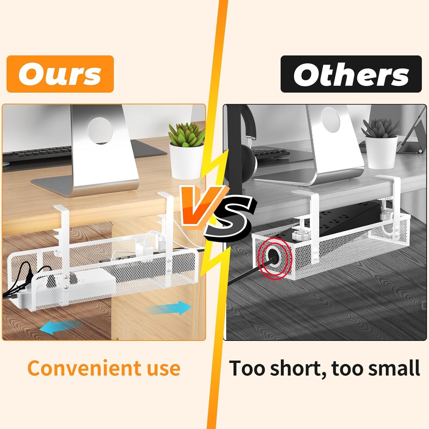 Under Desk Cable Management Tray, Wire Management Desk Cable Organizer Cable Management Box, Cord Organizer Under Desk Storage Cable Raceways for Office, Home - No Damage to Desk No Drill