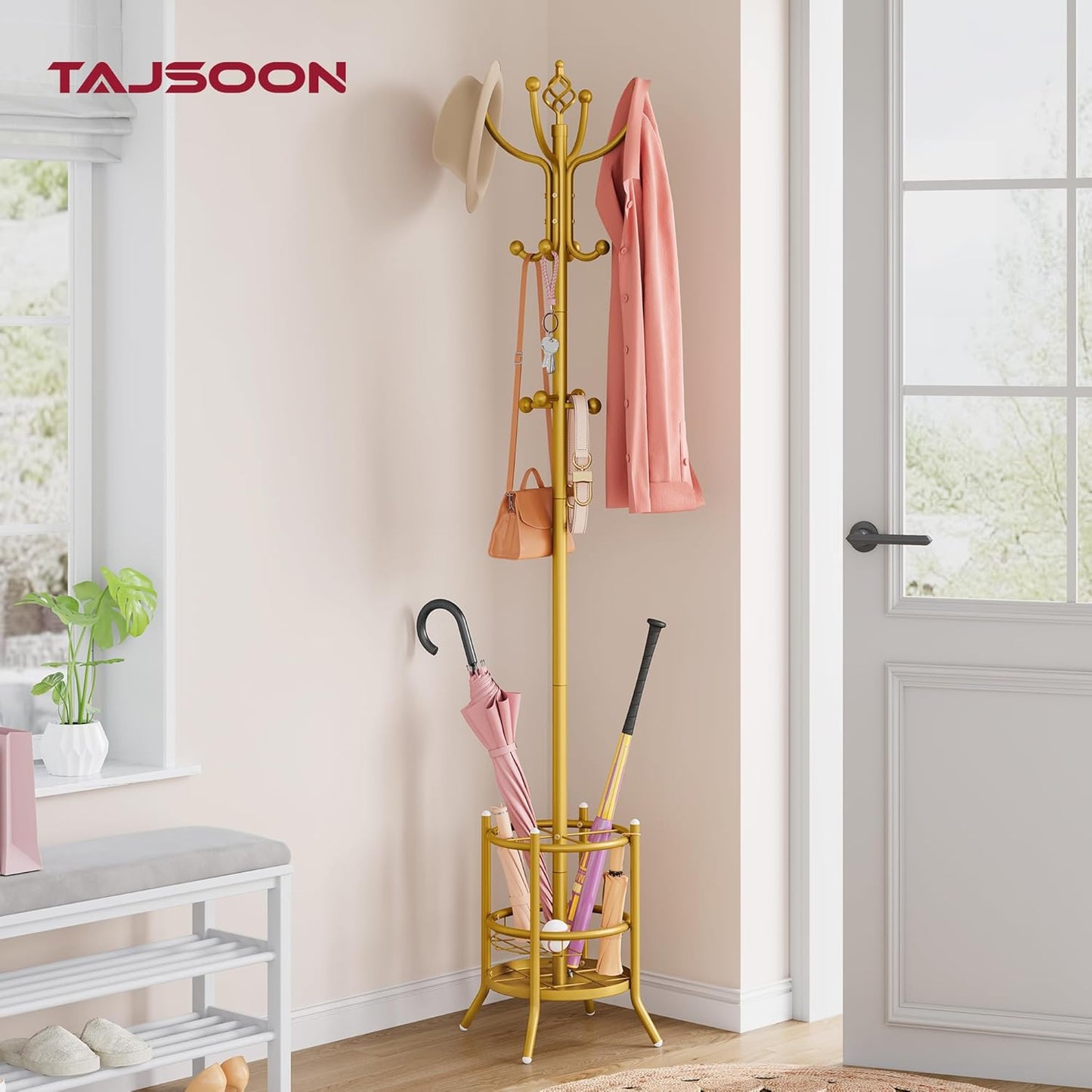 Tajsoon Coat Tree with Umbrella Holder, Coat Rack Freestanding, Coat Hangers Stand with 16 Hooks, Standing Coat Rack for Living Room, Bedroom, Office, Gold