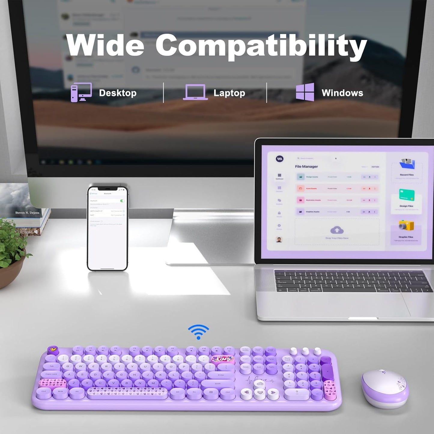 Wireless Keyboard and Mouse, Typewriter Full Size Keyboard with Number Pad and 2 in 1 USB Connected Mouse for Windows 7/8/10, Laptop, Desktop, PC, Computer (Purple Colorful)