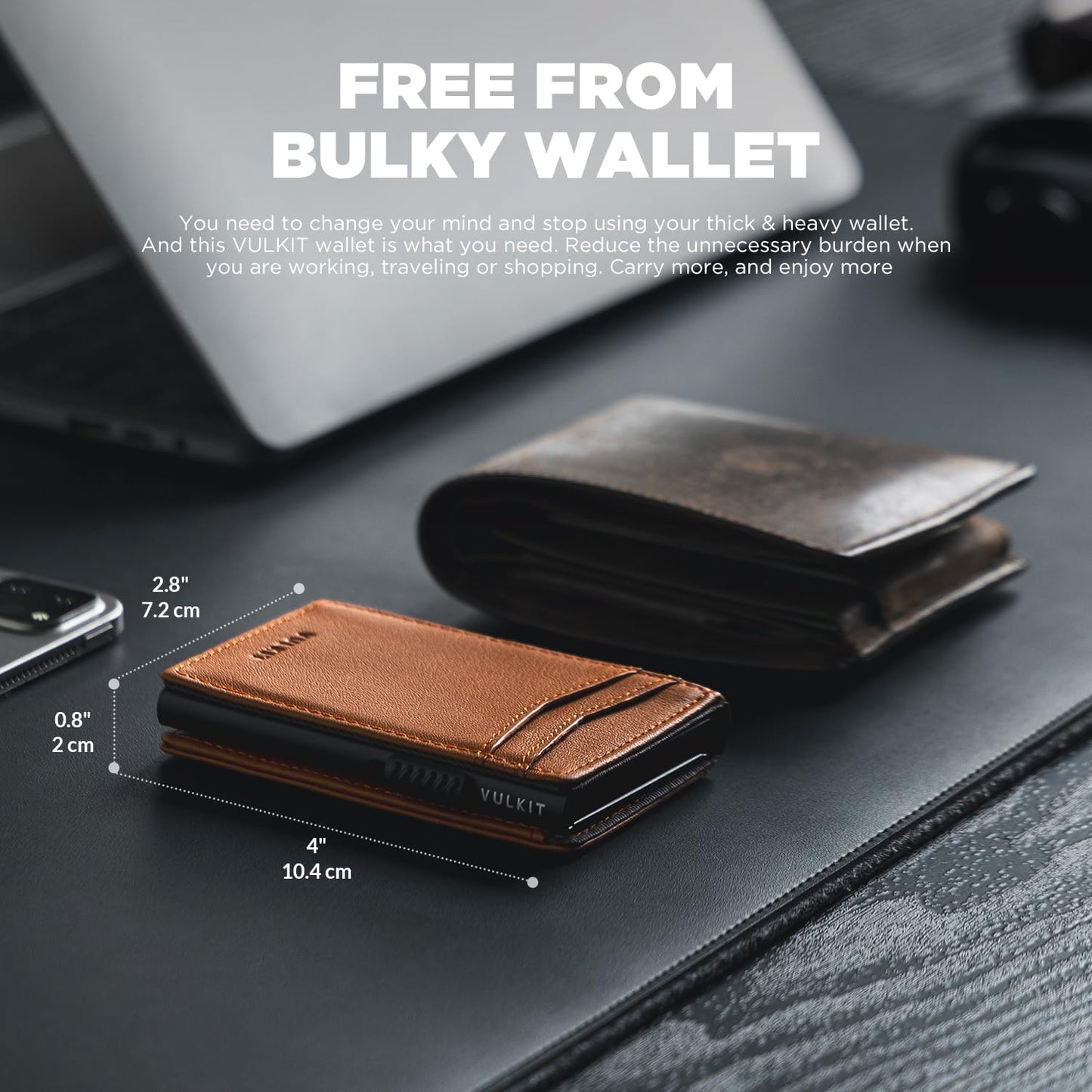 VULKIT Men's Wallet with ID Window Top Grain Leather RFID Blocking Minimalist Wallet Pop Up Card Holder Magnetic Closure