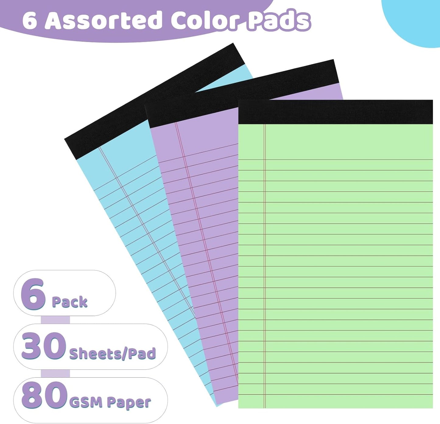 6 Packs Legal Pads 5x8, Totally 180 Sheets Colored Legal Pads 5x8 College Ruled Writing Pads Small Note Pads 30 Sheets/Pad Tablets Lined Notepad for School, Office, To-Do Lists