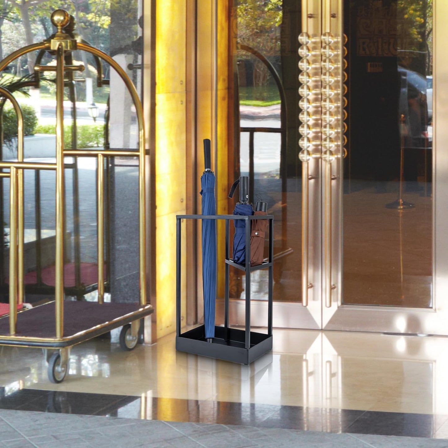 MyGift 20 Inch Tall Modern Brass Tone Metal Geometric Freestanding Entryway Umbrella Rack or Cane Holder with Shelf for Small Umbrellas and Bottom Drip Tray (Black-Large)