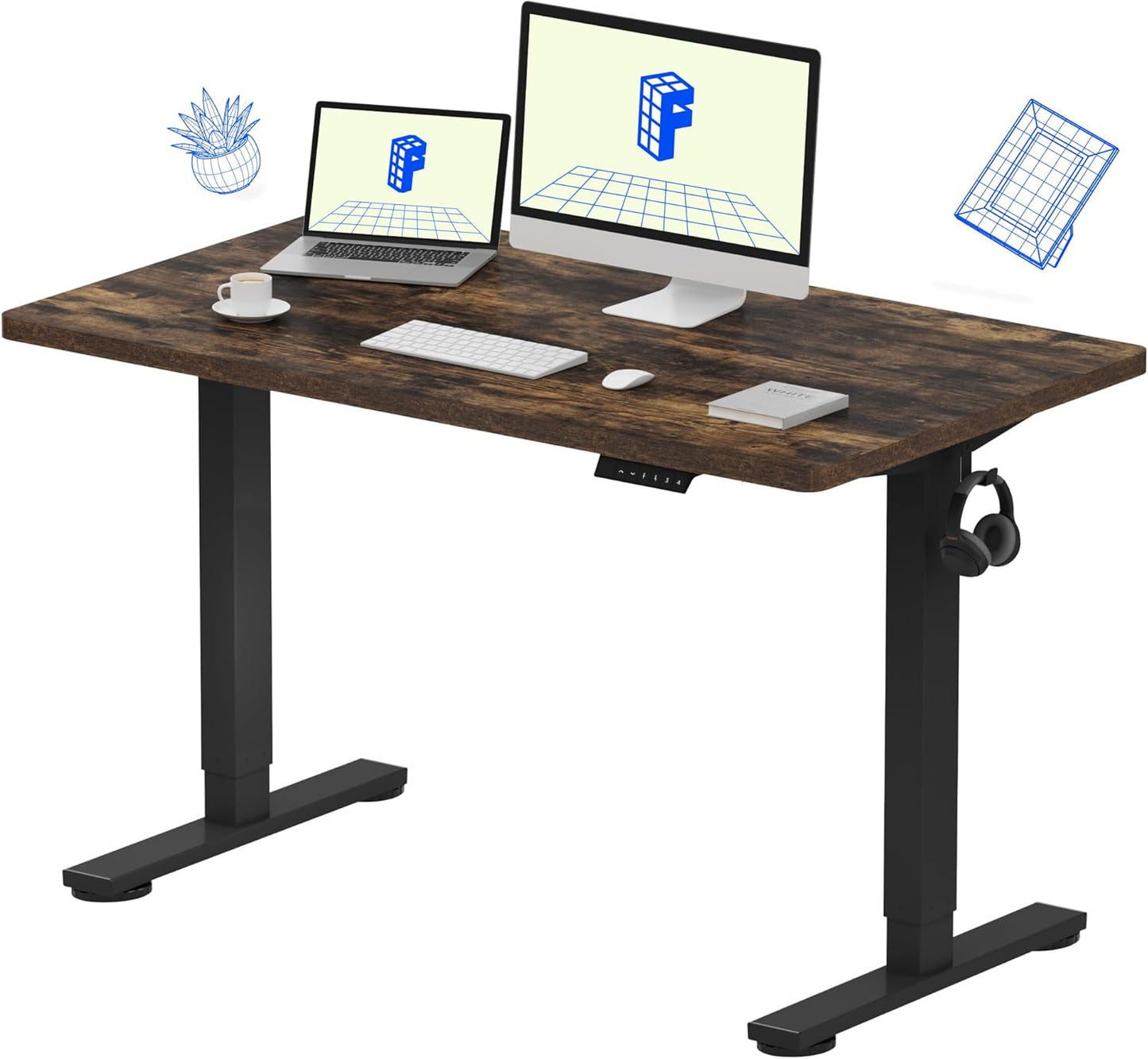 FLEXISPOT EN1 Whole-Piece Standing Desk, 48x24 Electric Sit Stand Desk for Home Office (Black Frame + Rustic Top, 2 Packages)
