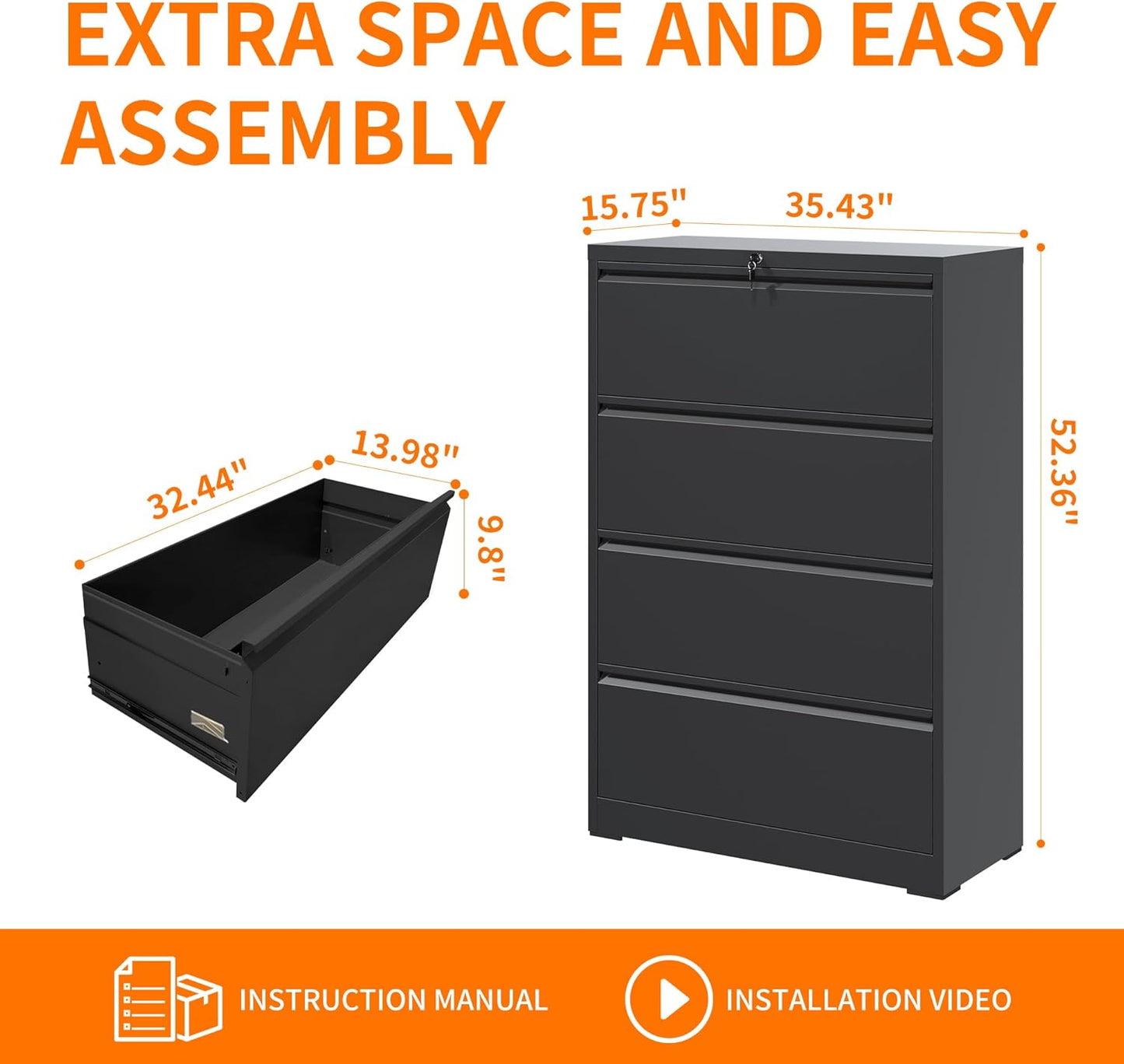 Locking File Cabinet with 4 Drawer Heavy Duty Large Metal Filing Cabinet Home Office Lateral File Cabinets Wide Steel Cabinets for Legal/Letter Size,Assembly Required