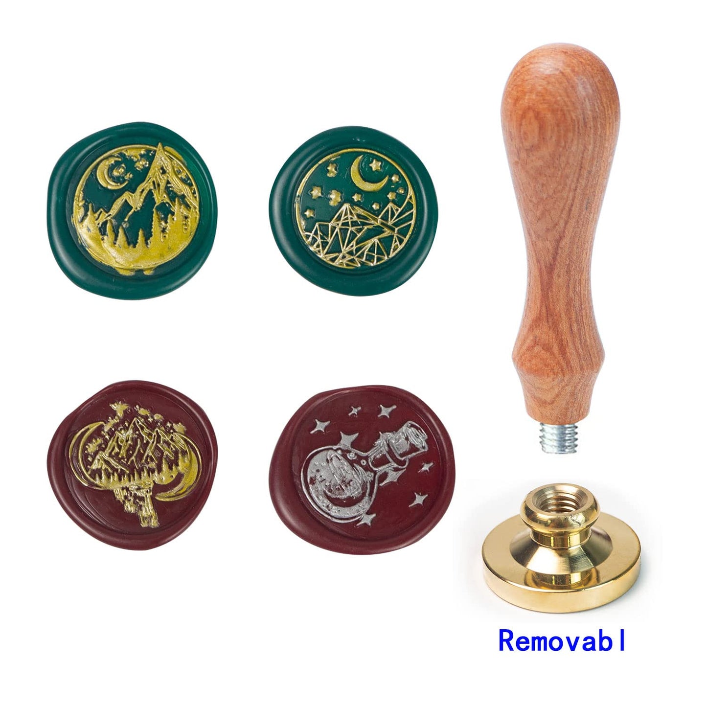 Moon Wax Seal Stamp Set with 4 PCS Removable Brass Heads and 1 Wooden Handle, Star Moon Sealing Wax Stamp for Cards Invitations
