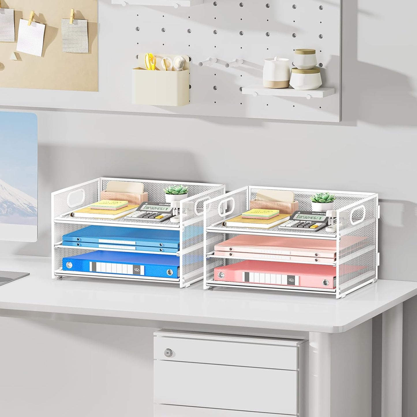 Subekyu 2-Pack 3-Tier White Metal Mesh Desk Paper Letter Tray & File Sorter Organizer with Handle + 1 Sliding Tray for Desk, Home, Office, School Supplies, A4 Paper and Accessories Storage