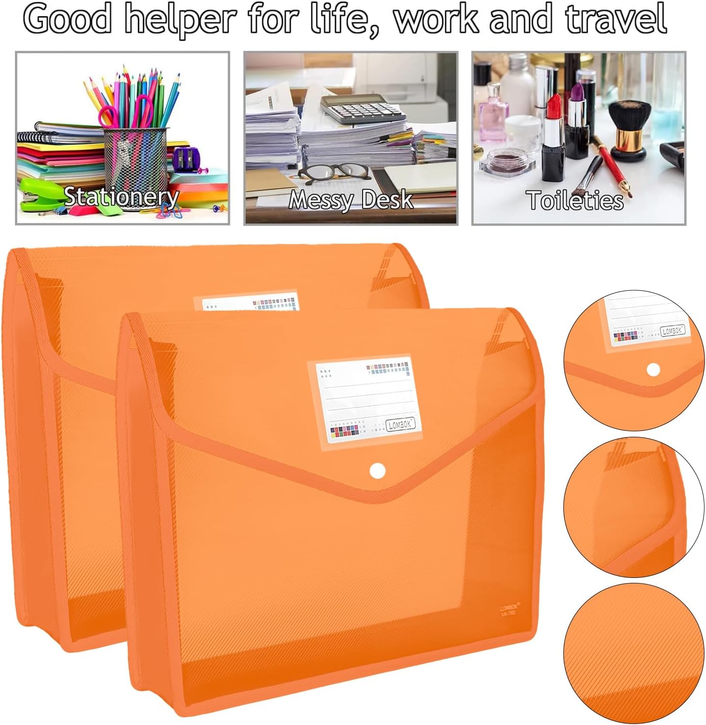 Plastic File Folders Legal Size Expandable Document Folder with Snap Button Closure, B4 Expanding File Wallet Envelopes Pouch with Label Pocket, 2 Packs, Orange