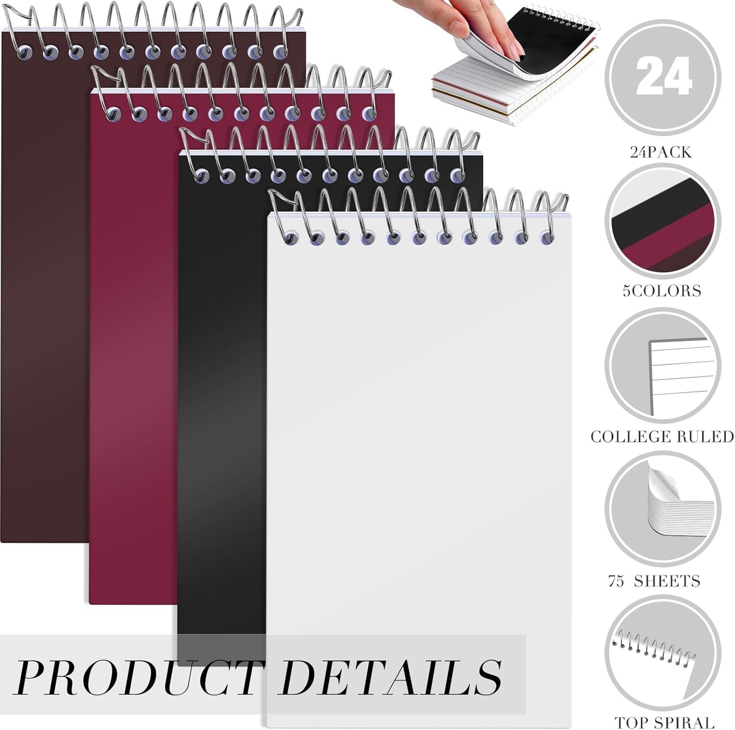 Leinuosen 24 Pcs Spiral Memo Pads 3x5 Inch 75 Sheets College Ruled Small Pocket Notebooks Little Mini Notepads Bulk Top Bound Lined Note Pads for Home School Office Travel Work (Classic Color)