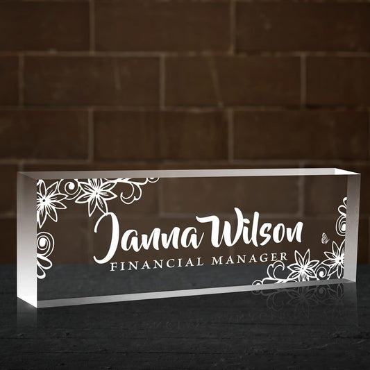 Name Plate for Desk, Premium Clear Plates Engraved Acrylic Desk Name Plate, Desk Name Plate Personalized, Custom Office Decor for Women or Men Coworkers, Boss, Employee, Teacher (Engraved 3)