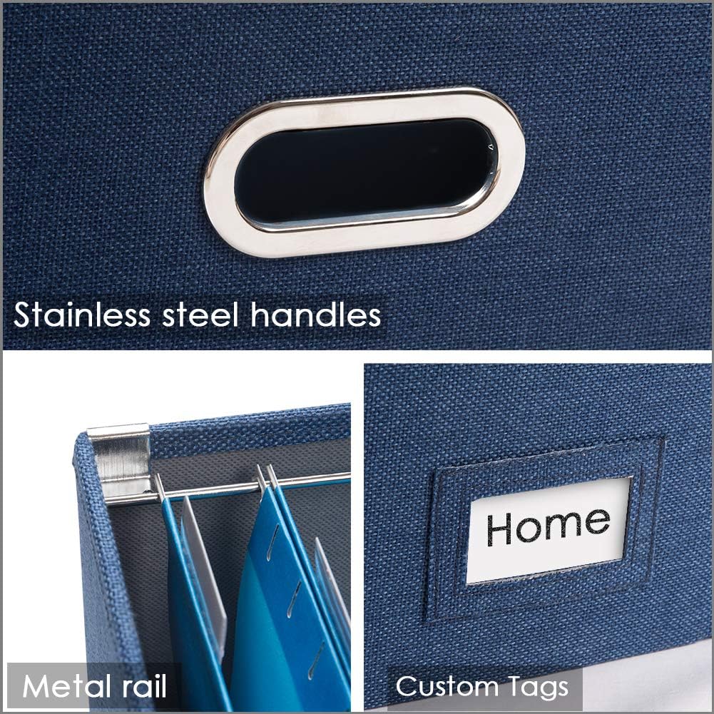 PRANDOM File Organizer Box - Set of 4 Collapsible Decorative Linen Filing Storage Hanging File Folders with Lids Office Cabinet Letter Size Navy Blue (14x9.3x10.8 inch)