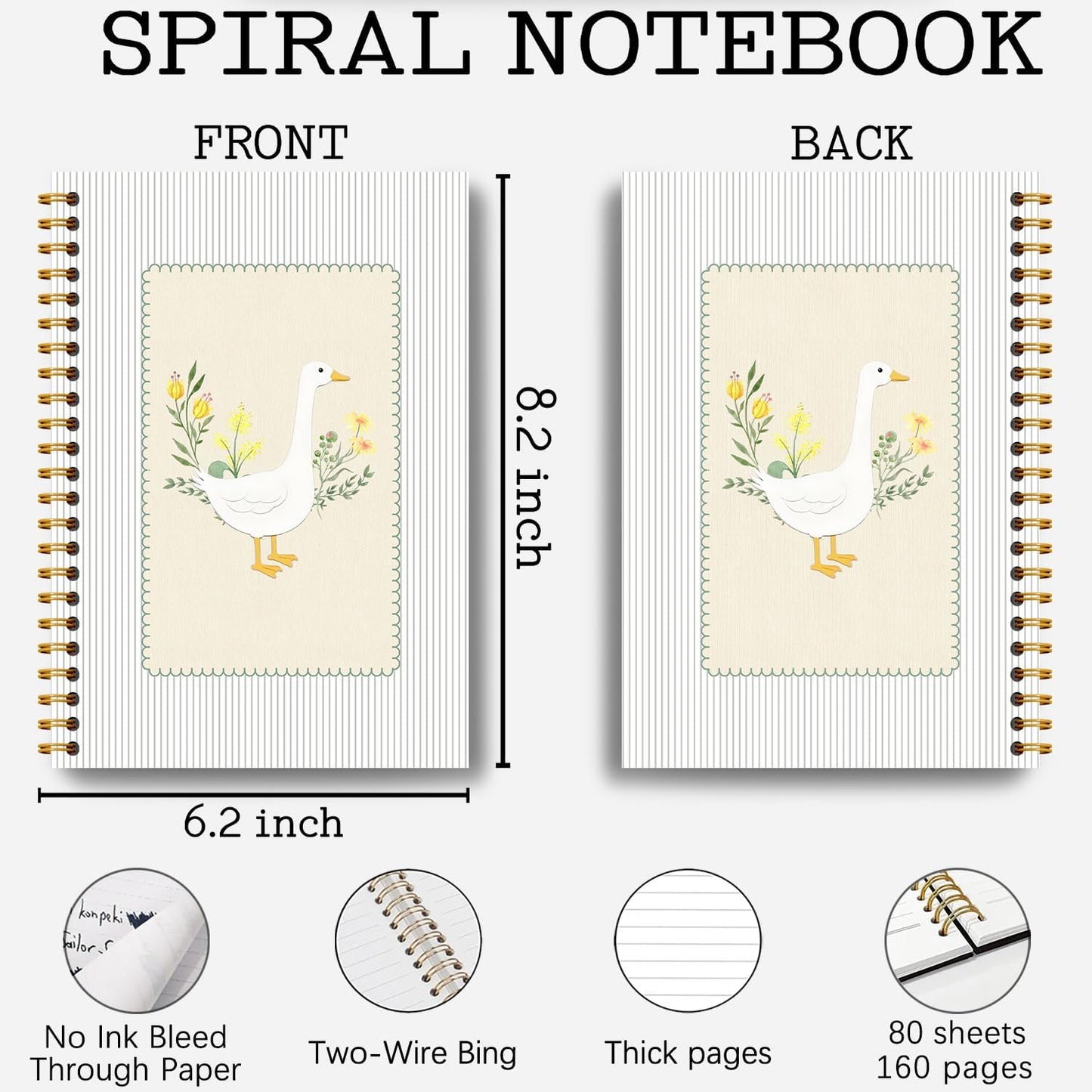 Guymn Sage Green Floral Goose Notebook, Cottagecore Flower Goose Journal for Kids Girls, Geese Animal Lover Gifts Hardcover Spiral Notebooks Journals 5.5x8.3 Inch