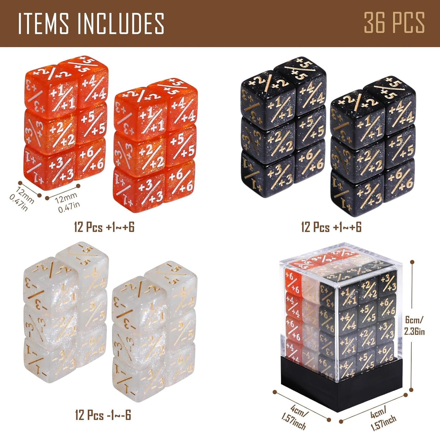 36PCS 12mm MTG Life Counters Dice Set for Magic The gatering, MTG Plus 1 Tokens 6 Sided Mini Dice Set with Box, Compatible with TCG CCG Magic Card Gaming Accessories