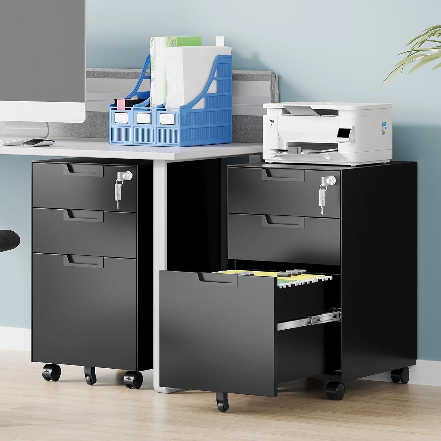 3 Drawer File Cabinet with Lock, Fully Assembled Metal Mobile Filing Cabinets for Home Office, Small Rolling File Caninet on Wheels for Legal/Letter / A4 File, Black