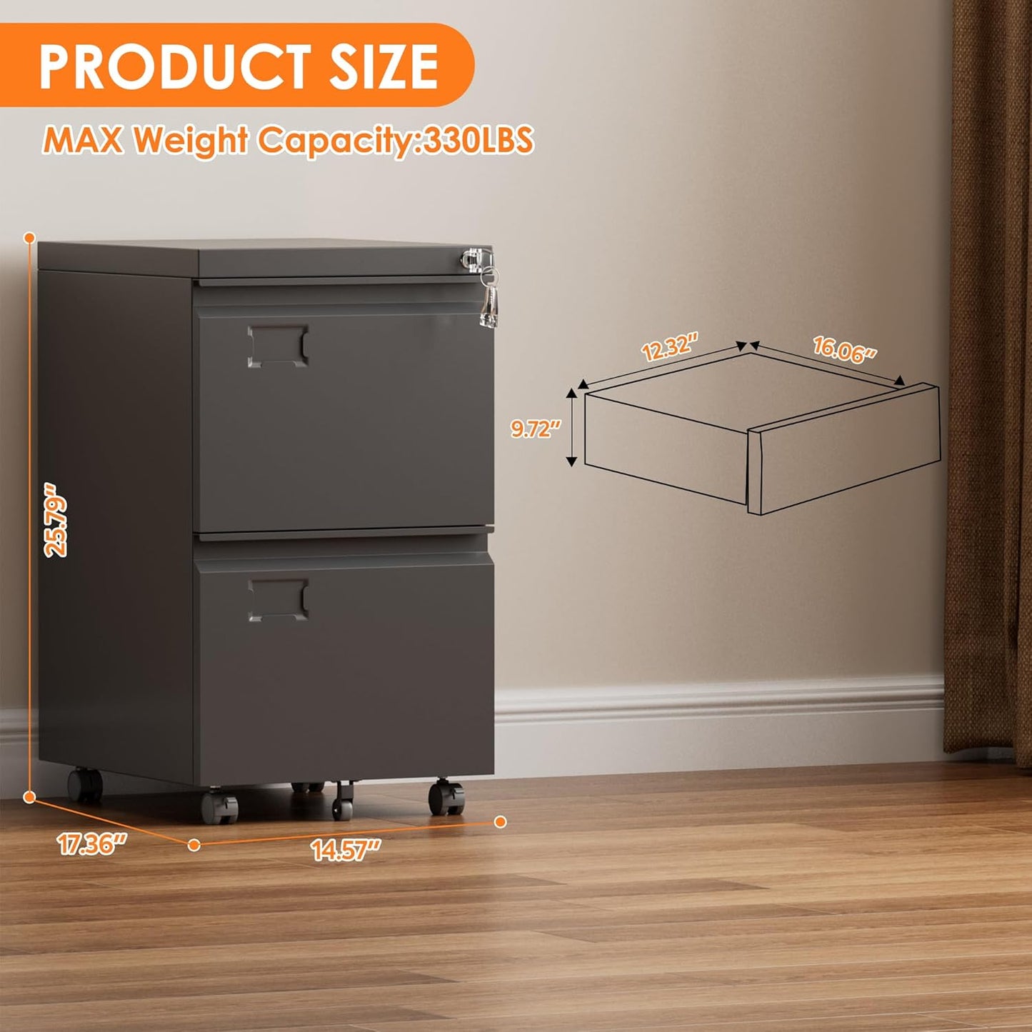 METAN 2 Drawer Vertical File Cabinet with Lock, Mobile Metal Filing Cabinet for Legal/Letter Size, Office Storage File Cabinet Under Desk with Card Holder,Assembly Required, Black