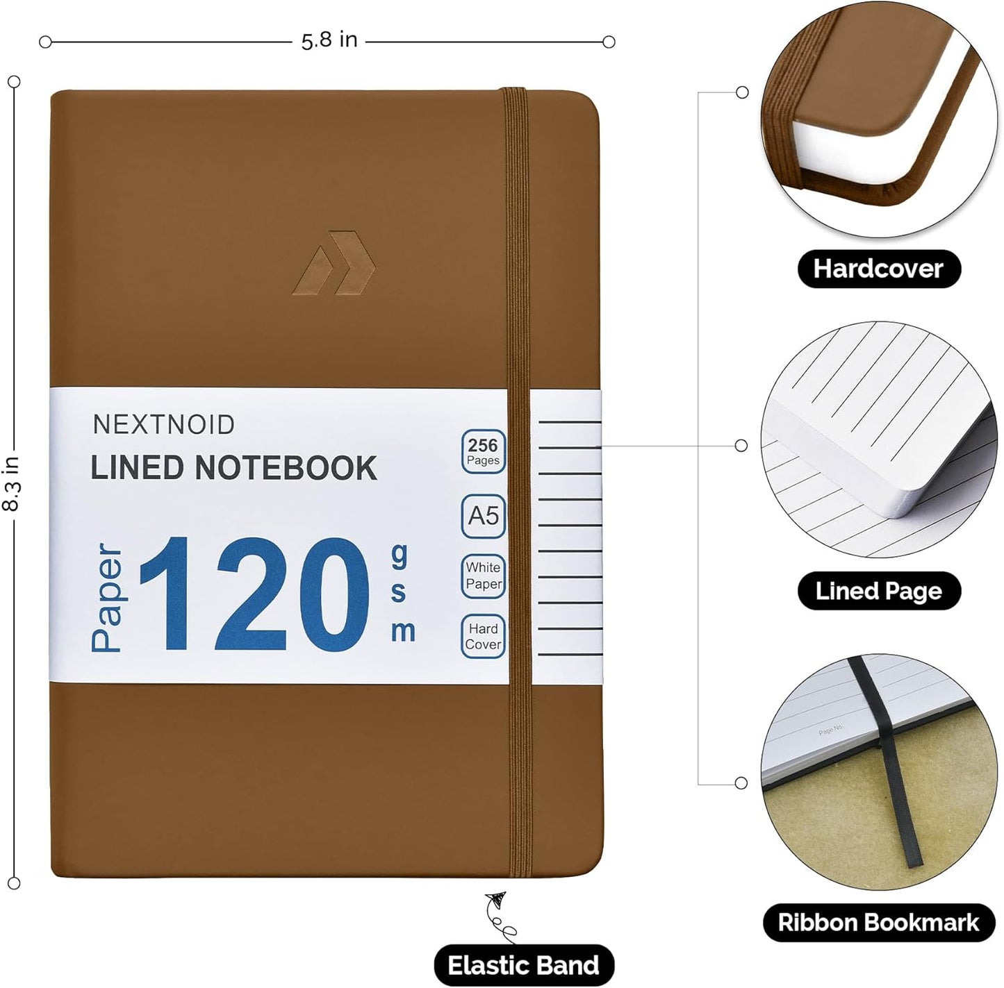 Nextnoid Hardcover Lined Journal Notebook - 120 GSM Thick Paper, Medium A5-256 Pages - Perfect For Writing, Journaling and Note-Taking (Brown, Ruled)