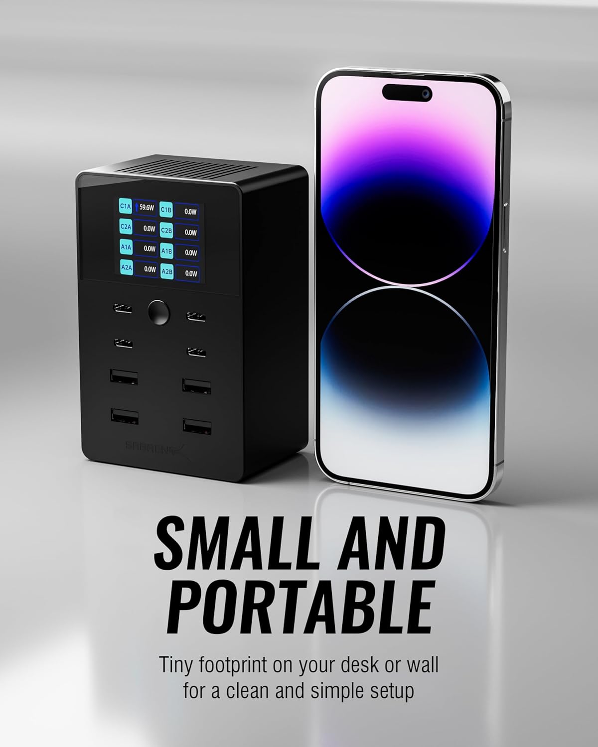 SABRENT 252W USB Charger – 8-Port Charging Station with USB-C 100W PD & USB-A Fast Charging, LCD Display, PPS, Compact Travel Design for Laptops, Phones, Tablets, Gaming Devices (AX-8PTC)