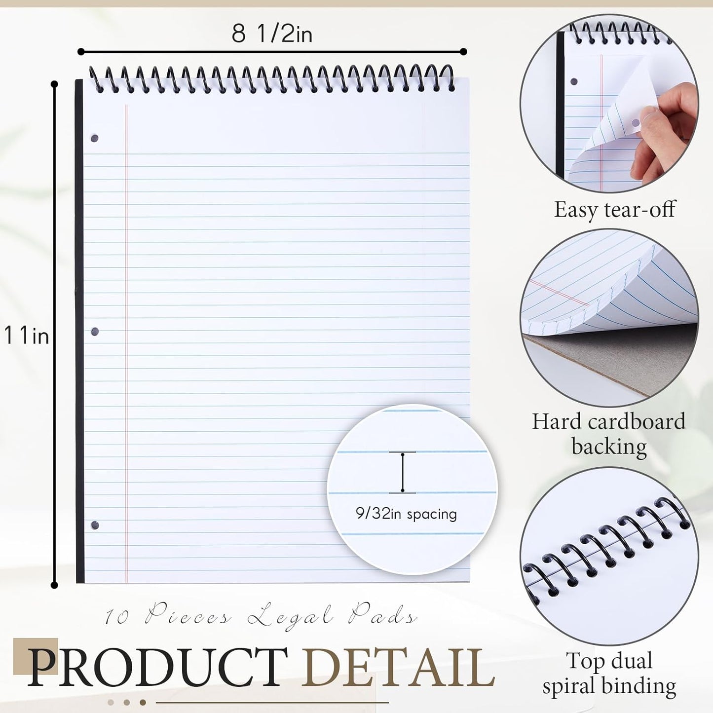 10 Packs 8.5" x 11" Top Spiral Notebook with 3 Hole Punched Legal Pads College Ruled Notepad 50 Sheets Hard Cardboard Paper Wirebound Notepad for Office School Business (White)