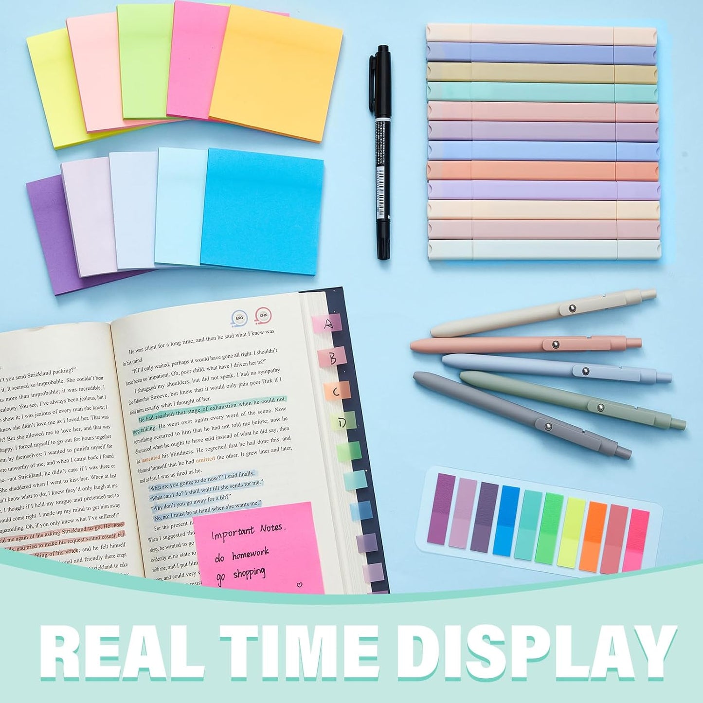 Jutom 38 Pcs Book Annotation Kit Aesthetic Highlighters Gel Pens Set Sticky Notes Tabs Markers Dual Ended Highlighter Quick Dry Ink Pens for Office Annotating Books(Rainbow,Square)