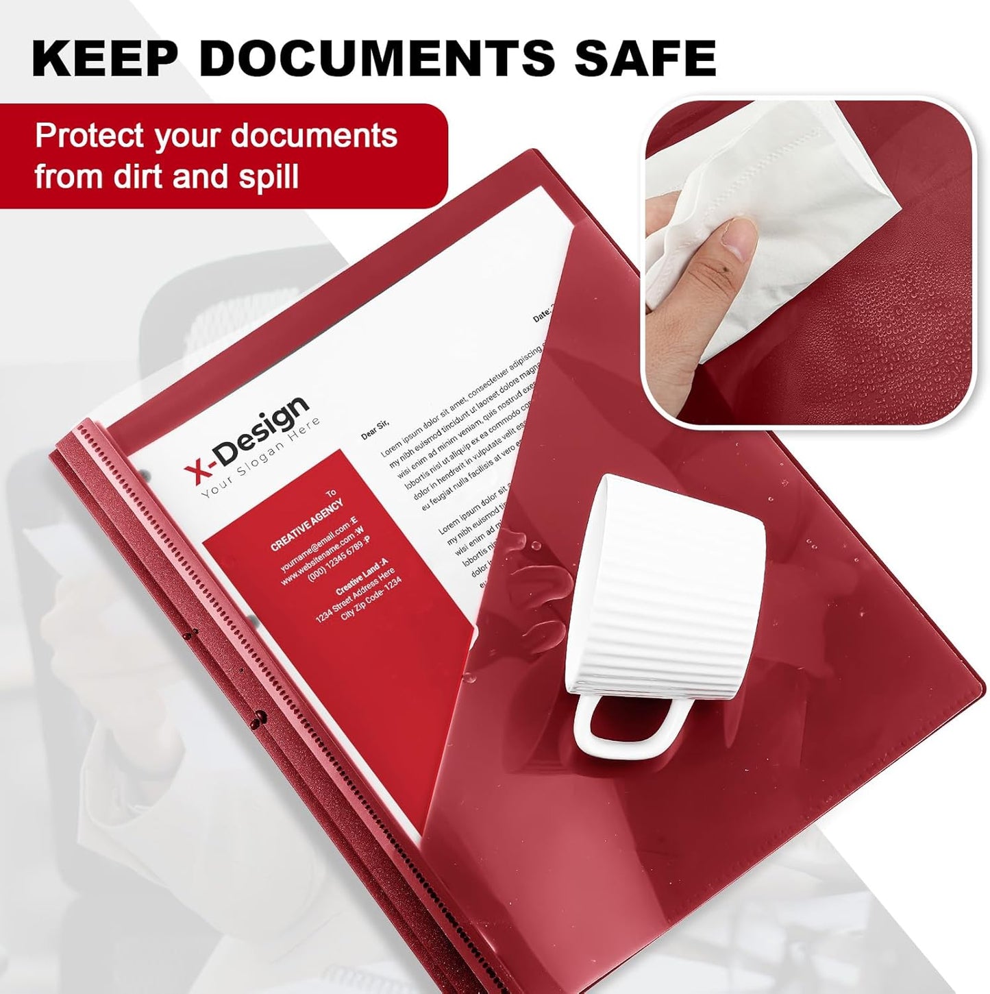 Teling 48 Pack Clear Front Report Covers with 3 Prongs Fasteners, 11.42 x 9.45 Inch Plastic Presentation Folders Bulk, 90 Sheet Capacity, Book File Covers for Office School Business, Red