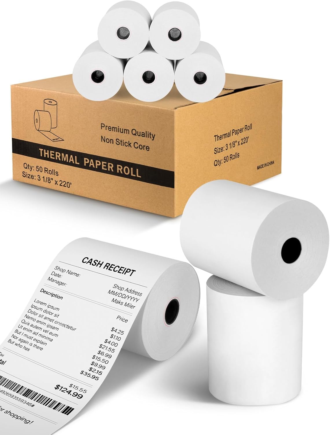 Premium 3 1/8" x 220' Thermal Paper Receipt Rolls, BPA-Free, Pack of 50, Compatible with POS, Credit Card Terminals, Receipt Printers, Universal Fit