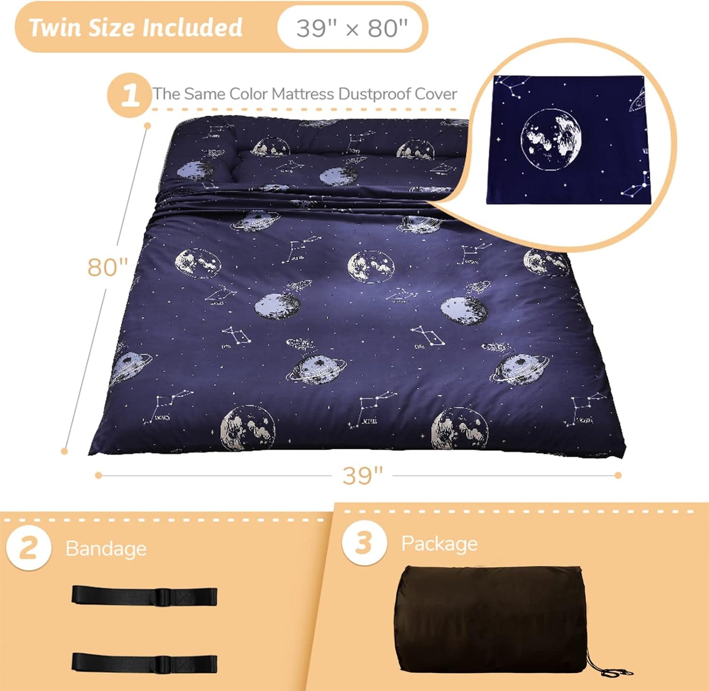 Navy Space Adventure Japanese Floor Futon Mattress, Thicken Tatami Mat Sleeping Pad Foldable Bed Roll Up Mattress Floor Lounger Bed Couches and Sofas for Kids Twin Size