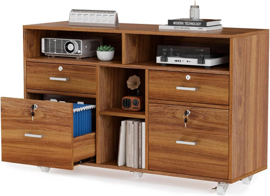 VINGLI Wide 4 Drawer Lockable Rolling File Cabinet with Open Shelves - Walnut Wood Lateral File Cabinet Printer Stand for Home Office, Letter Sized