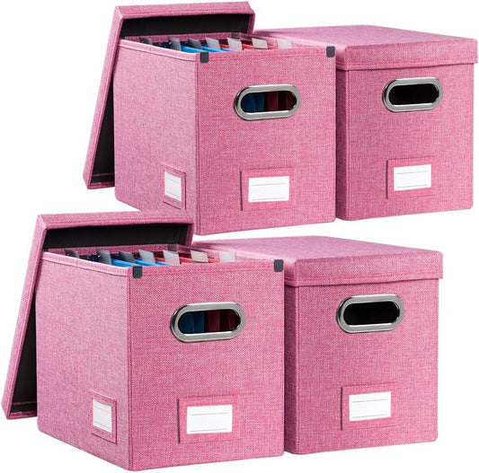 PRANDOM File Organizer Box - Set of 4 Collapsible Decorative Linen Filing Storage Hanging File Folders with Lids Office Cabinet Letter Size Pink (14x9.3x10.8 inch)