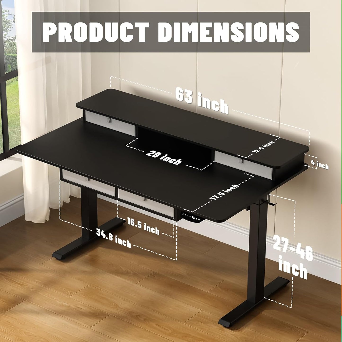 Electric Standing Widened Desk 63 * 30 Inches Adjustable Height with 4 Drawers, Double Storage Shelves Stand Up Desk, Home Office Workstation Sit Stand up Desk (Classical Black)