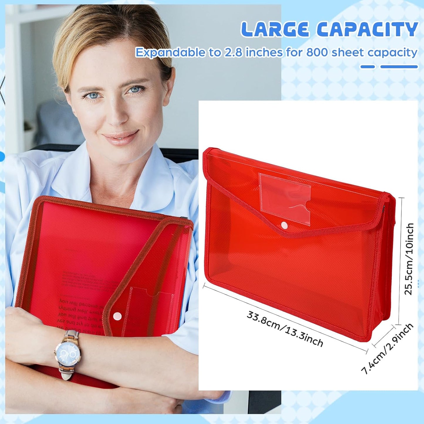 4 Pack A4 Expanding Plastic File Folders Waterproof Document Organizer with Snap Button Multiple Pockets, Office Home Office Storage (Red)