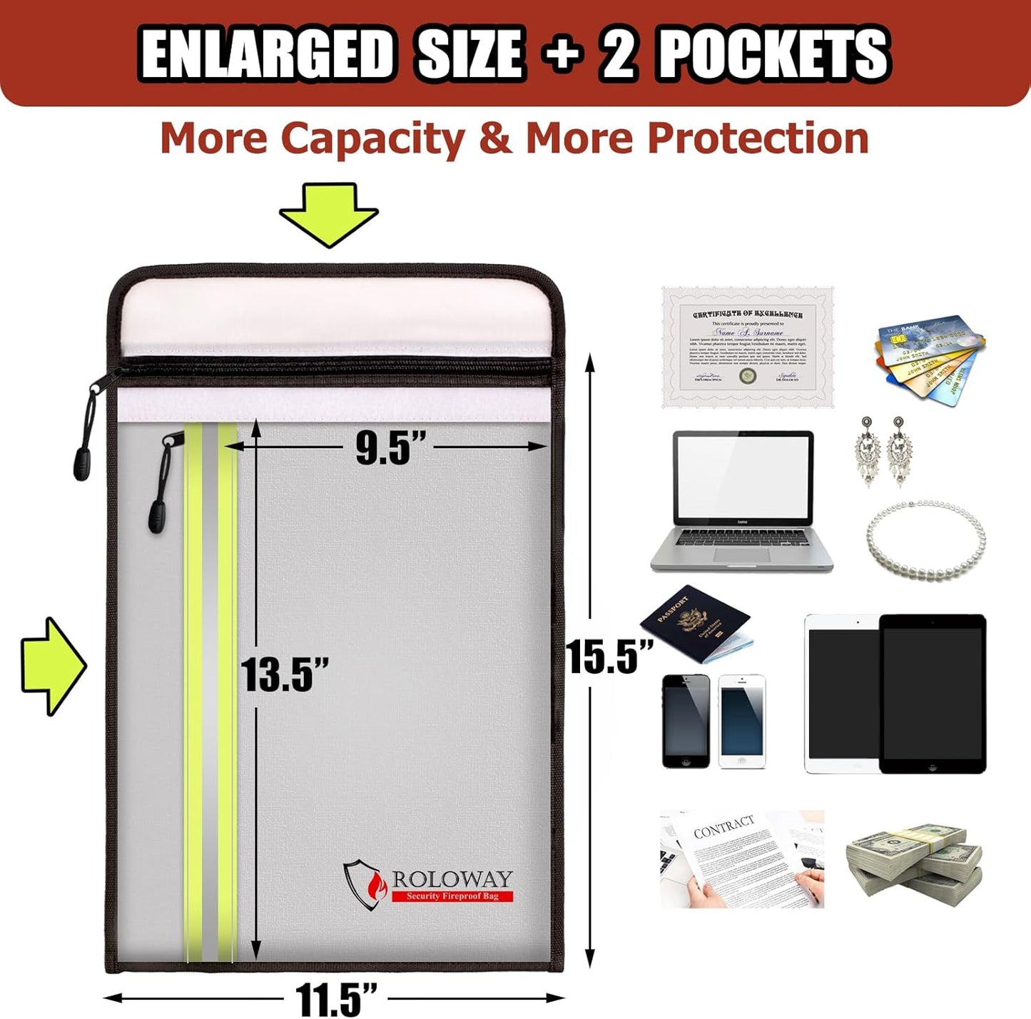 ROLOWAY Fireproof Document Bag (15.5 x 11.5 inch) with 2 Pockets and 5200℉ Aluminum Foil Layer, Fireproof Bag for Document Safe (Silver)