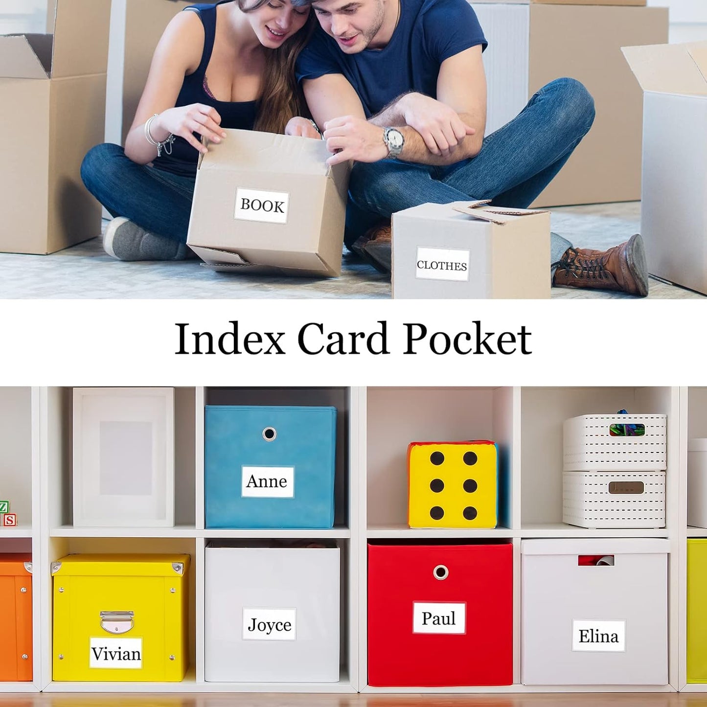 100 Self-adhesive Index Card Pockets Label Pockets sleeves with Top Open for Business Cards, Clear Plastic Sticky Labels Holders for Storage Bins Library Cards, Organizing Totes Shelves (3.7 x 2.28'')