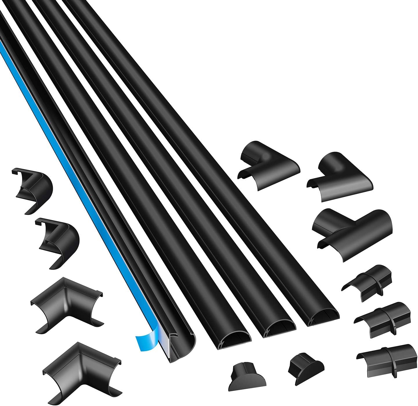 D-Line 13.12ft Cord Hider Kit, Patented Cable Cover, Hide Wires on Wall, Channel for TV Mount Cords, Raceway Wire Hiders, Paintable, Adhesive, Half Round, 4X 1.18in W x 0.59in H x 39in Lengths, Black