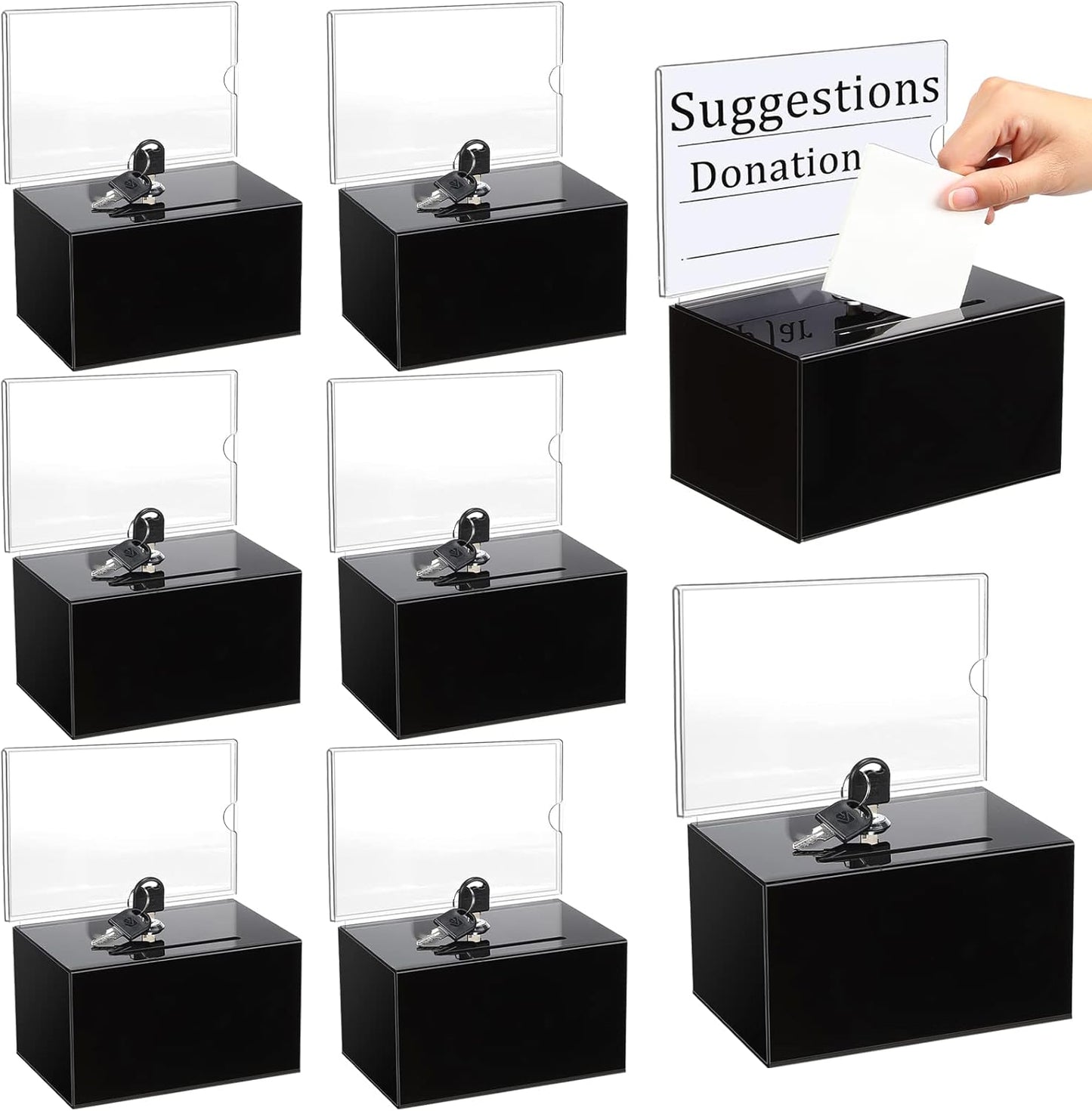 8 Packs Acrylic Donation Box with Lock and Sign Holder Clear Suggestion Ballot Box Plastic Voting Comment for Tip Jars Ticket Charity Survey Raffle Contest Fundraising, 6.1 x 4.3 x 3.8 Inch(Black)