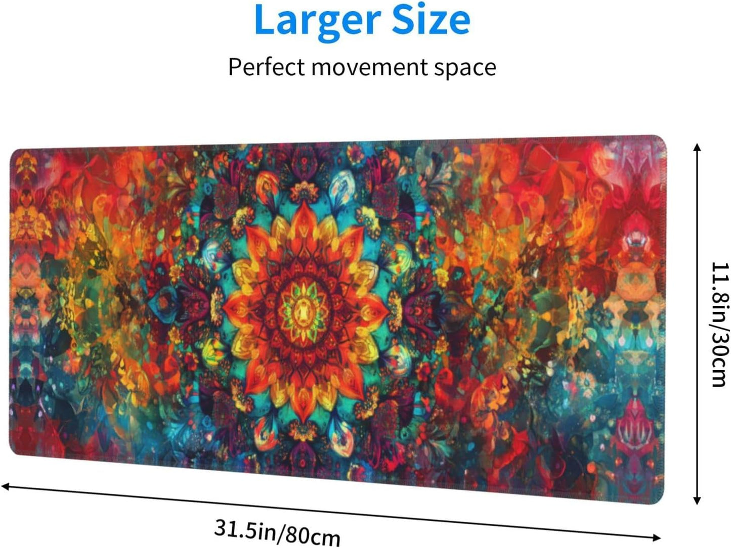 Mandala Mouse Pad 31.5 X 11.8 Inch Big Desk Rubber Base Stitched Edges Keyboard Pad XXL Mouse Mat for Home Game and Office