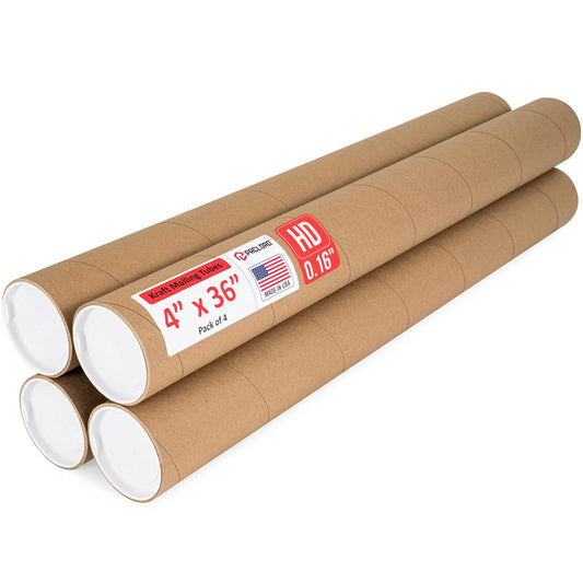 4" x 36" Heavy-Duty Reinforced Cardboard Mailing Tube, Pack of 4 Tubes with 8 Caps – Secure USPS Approved – Great for Shipping and Storing of Prints, Artwork, Posters or Documents