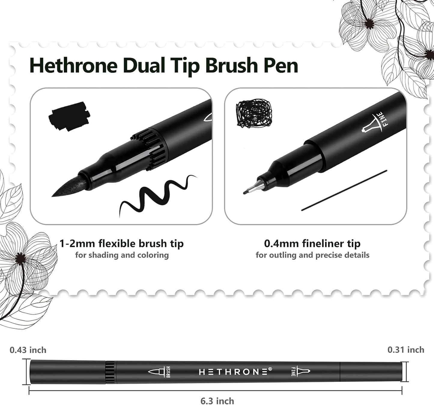 Hethrone Black Markers for Drawing - Brush Pens with Felt Tips for Artists - Calligraphy Pens, 12 Pack