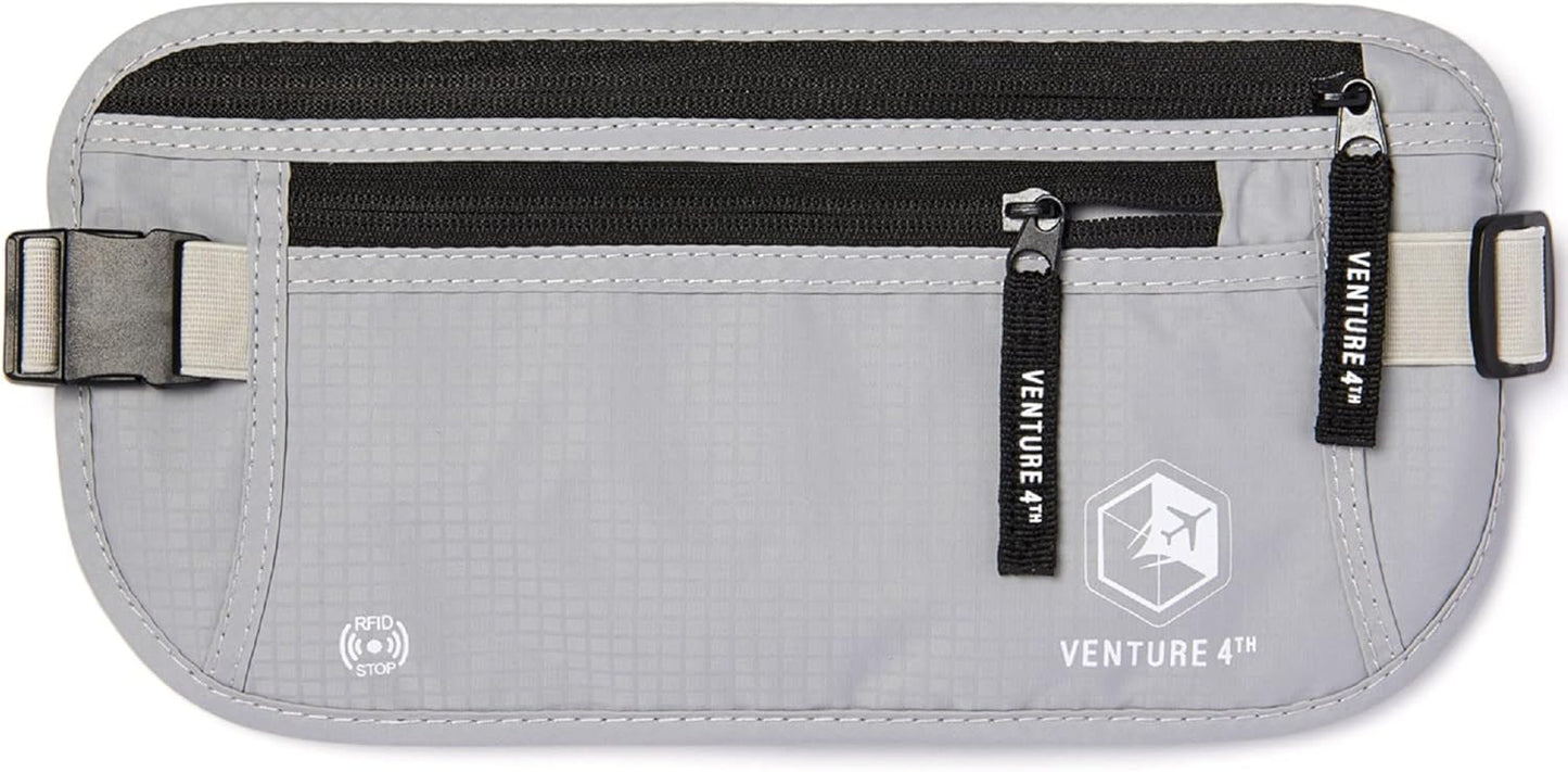 VENTURE 4TH Travel Money Belt - Slim Passport Holder RFID Blocking Travel Pouch to Protect Cash, Credit Cards and Travel Documents (Silver)