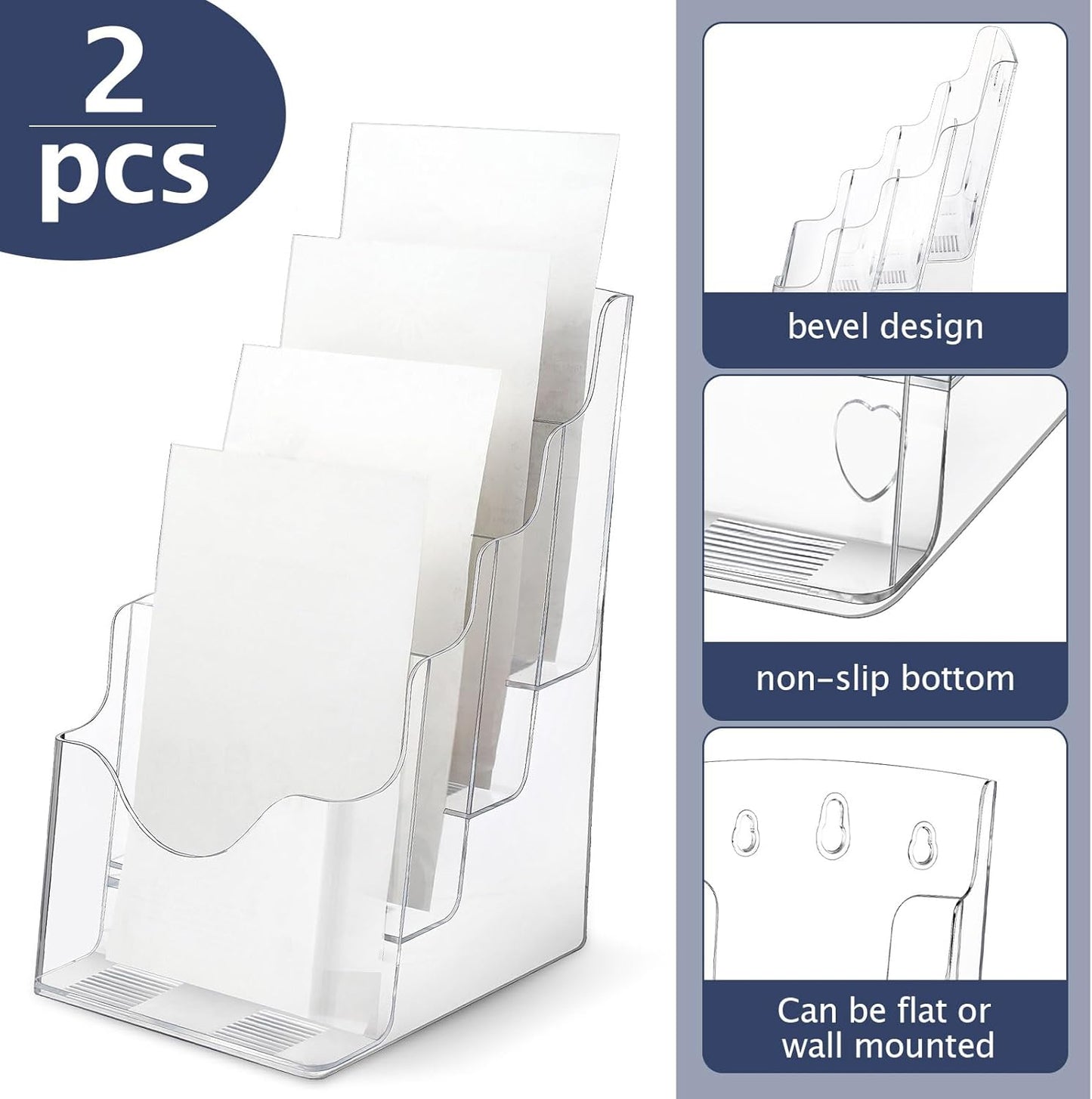 Crtiin 2 Pack 4 Tier Acrylic Brochure Holder Display Stand 6 x 9 Inch, Pamphlet Organizer Flyer Literature Clear Plastic Wall Mount Countertop for Classroom Booklets Magazines Office Home