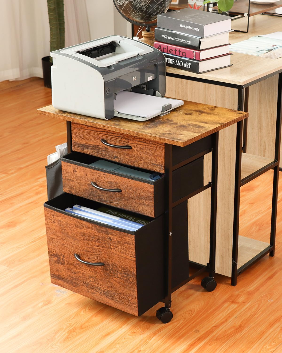 KATHY&BOB Printer Stand with 3 Fabric Drawer, Mobile File Cabinet for Home Office with Storage Bag, Rolling Under Desk Organizer Shelf, Fits A4 or Letter Size, Complete Top Plate Fast Assembly
